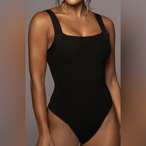 NWT • JLUXLABEL NOIR EVETTE RIBBED BODYSUIT  * SMALL * SQUARE NECK * THONG - Picture 3 of 3